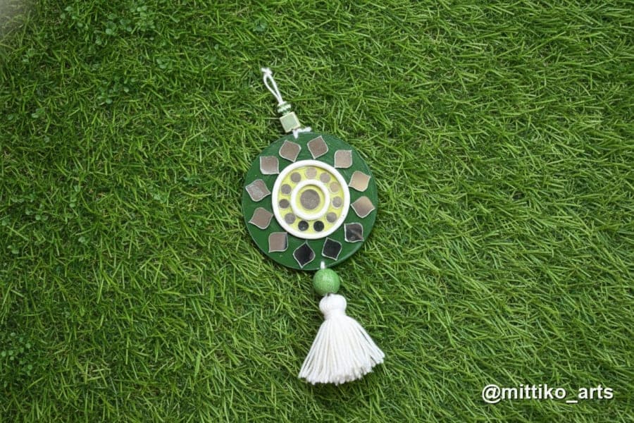 Green Mirror Sunburst Car Hanging – Round with Tassel & Bead