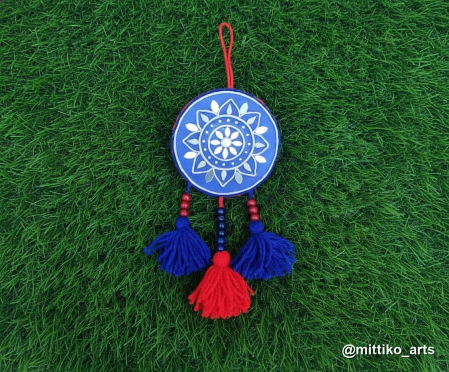 Blue Mandala Car Hanging – Round Mirror Centre with Tassels