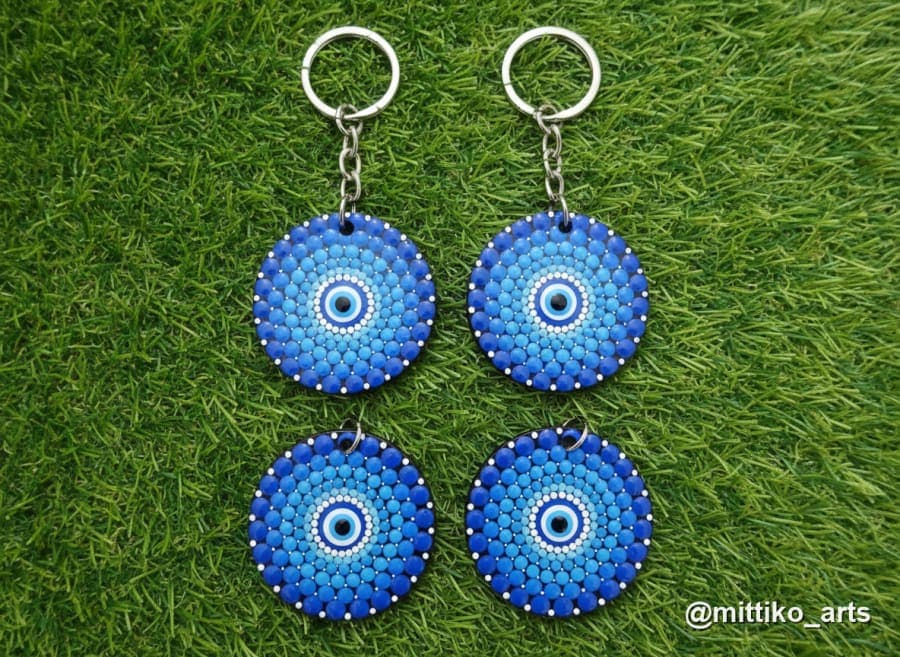 Evil Eye Dot-Mandala Keychain Set of 5 – Blue Round