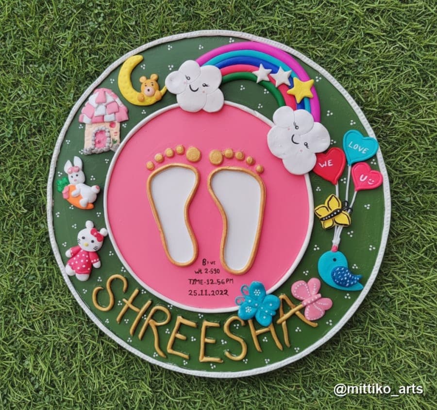 Newborn Footprint Platter – Rainbow & Heart Border 16 inch