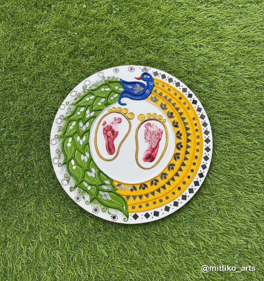 Peacock Footprint Platter – Green & Mustard 16 inch