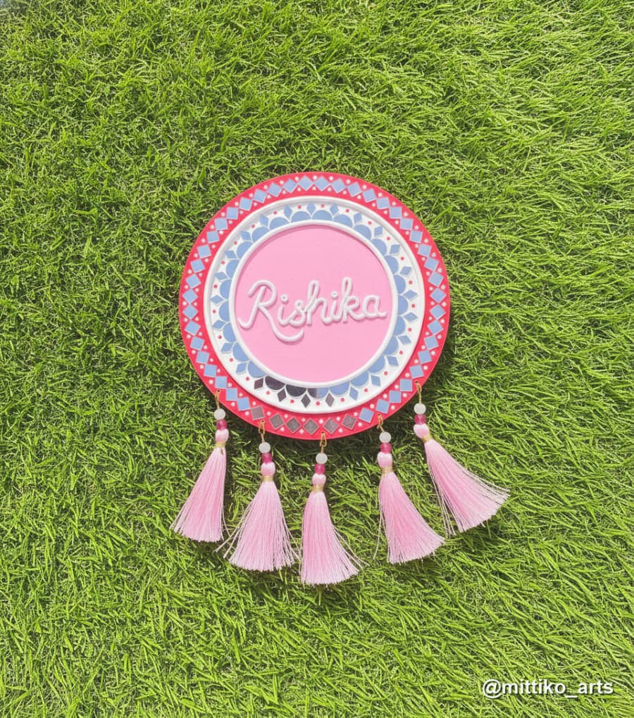 Pink Floral Kids Nameplate with Tassel Hangings