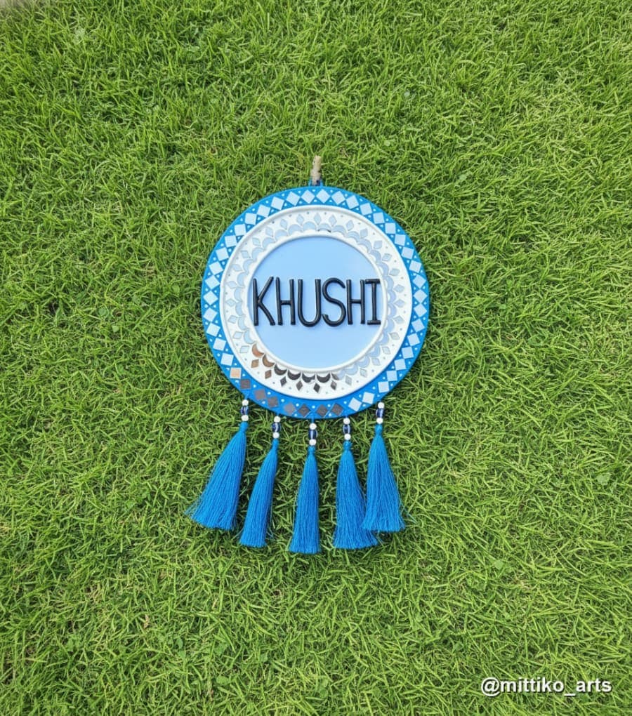 Evil-Eye Blue Kids Nameplate – Mirror Border & Blue Tassels