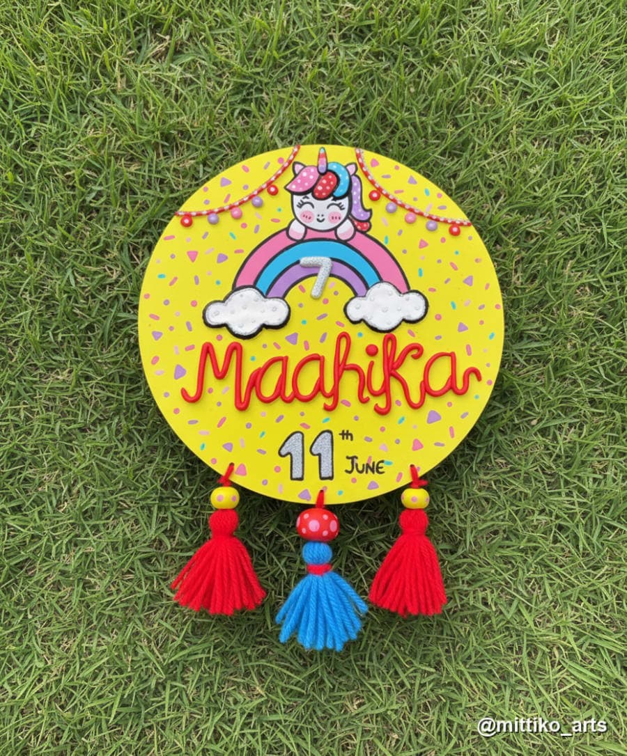 Unicorn Theme Kids Nameplate with Date & Tassels