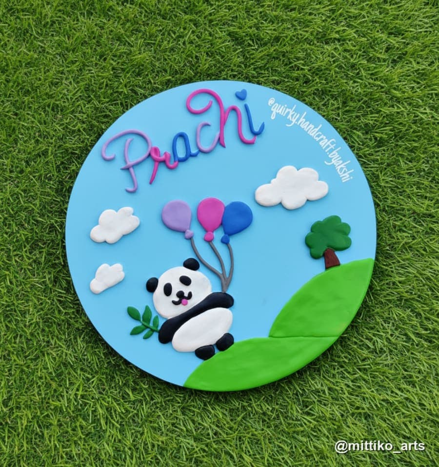 Panda Theme Kids Nameplate – Sky Blue with Balloons