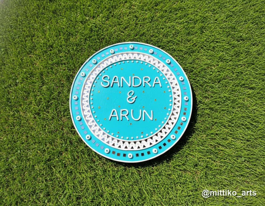 Couple Mandala Door Nameplate – Turquoise & White Stripes