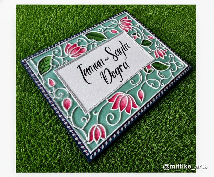 Pink Lotus Vines Family Nameplate – Teal Frame 20×16