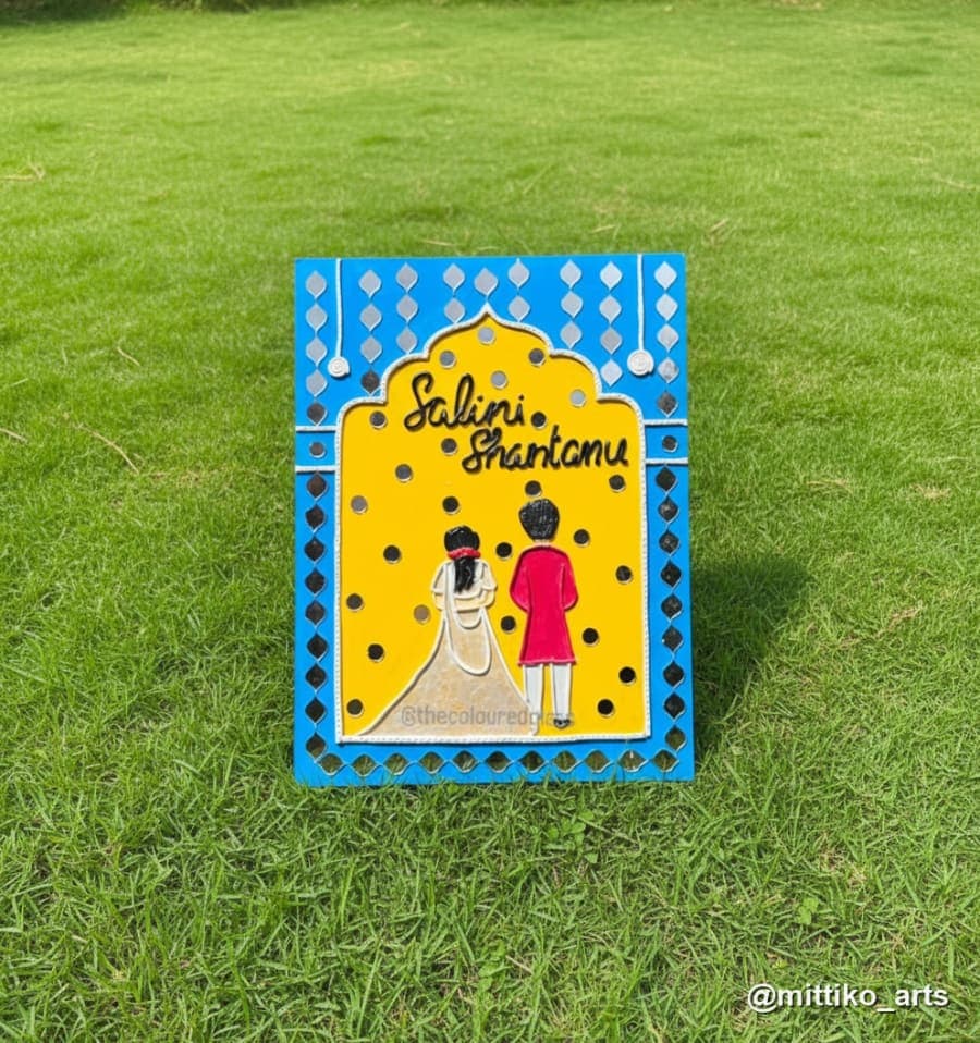 Jharokha Wedding Couple Frame – Blue & Yellow Mosaic