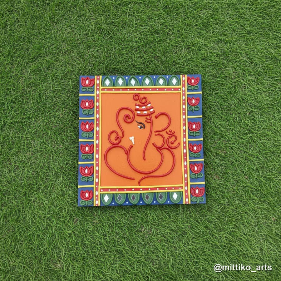 Ganesha Lotus Theme Wall Frame – Orange Base, Red Border