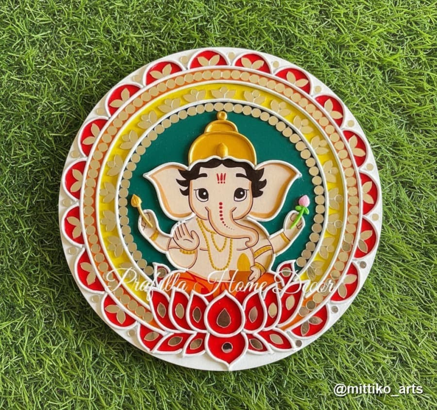 Bal Ganesha Lotus Lippan Wall Plate – Multicolour Mandala