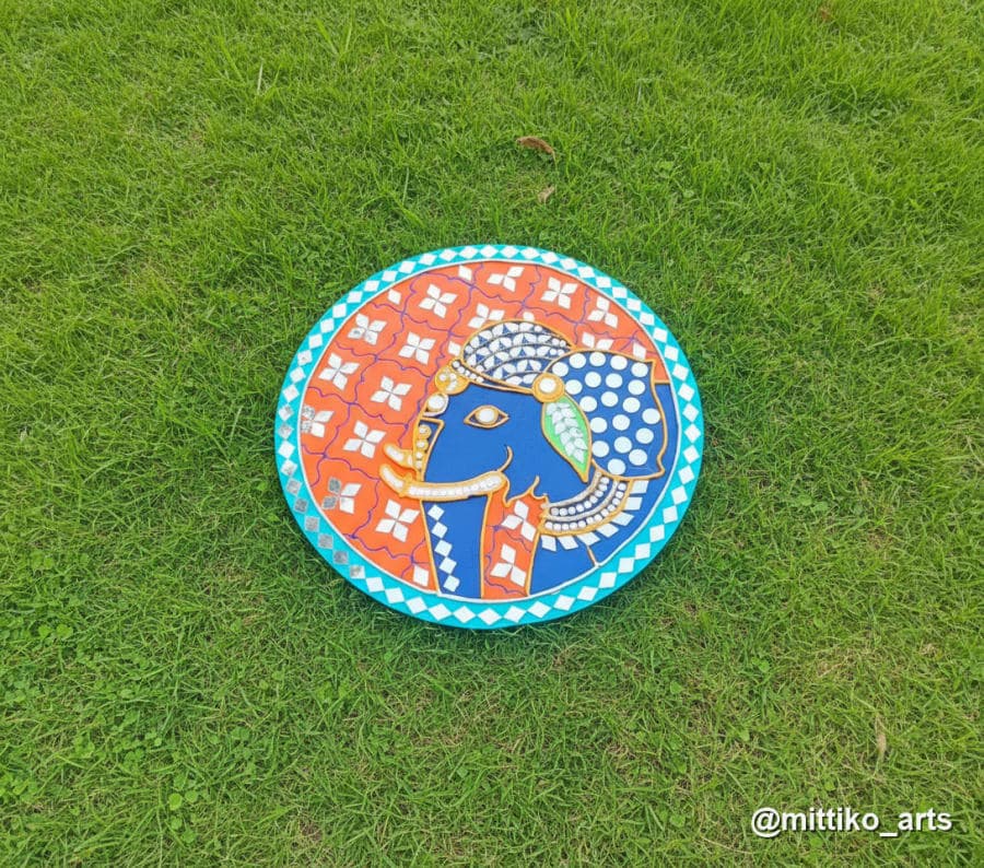 Ganesha with Jaal Effect Wall Plate – Orange & Teal