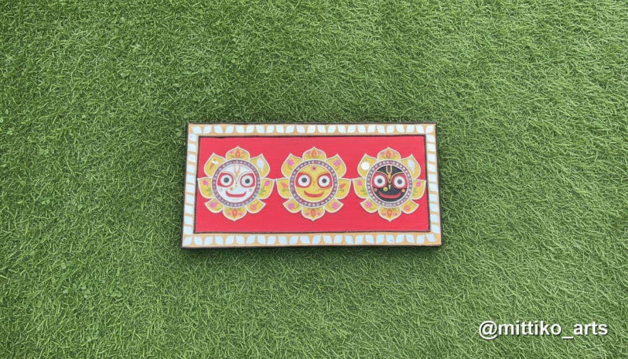 Jagannath, Balram & Subhadra Trio Wall Frame – Red & Yellow
