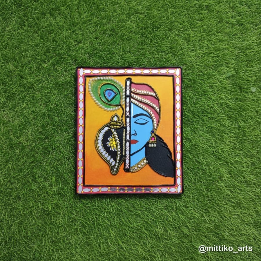 Krishna Half-Face & Sankh Wall Frame – Saffron & Multicolour