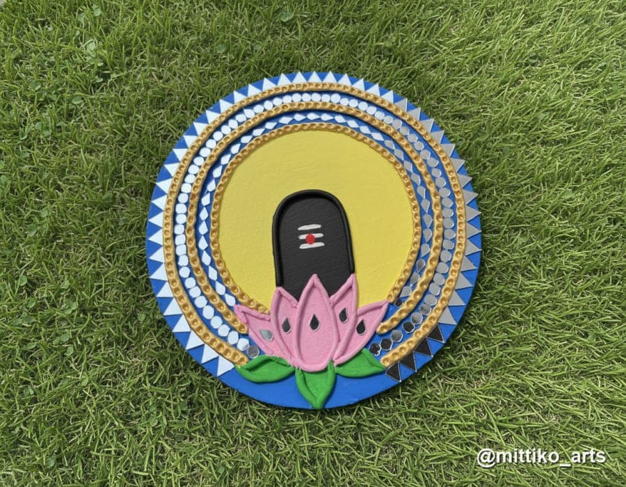 Shivling on Lotus Wall Plate – Yellow & Navy Mandala