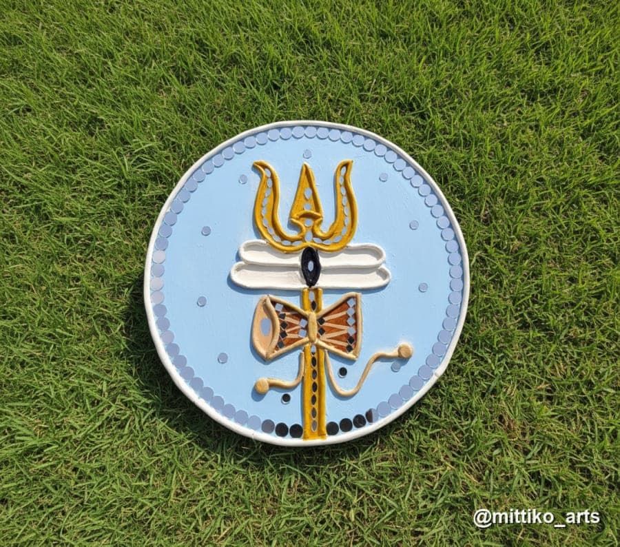 Trishul & Damru Wall Plate – Sky Blue with Gold Trident