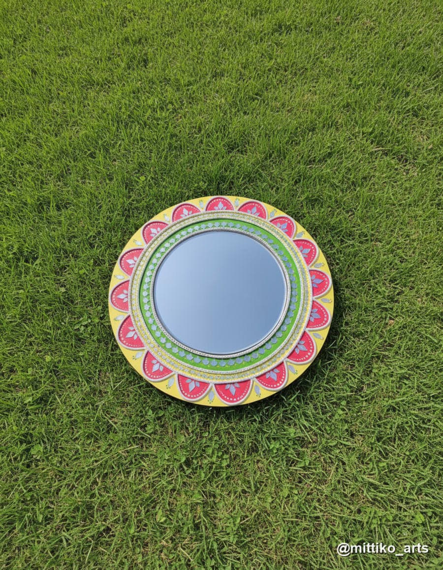 Traditional Lotus-Petal Wall Mirror – Yellow & Green