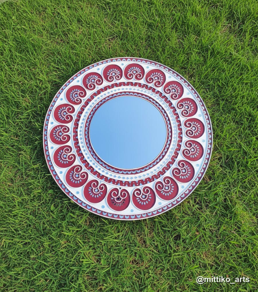Folk Paisley Mandala Wall Mirror – Red, Blue & White