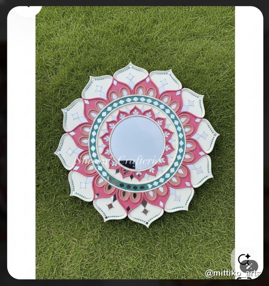 Symmetric Lotus Wall Mirror – Pink & Teal Mandala 14×18