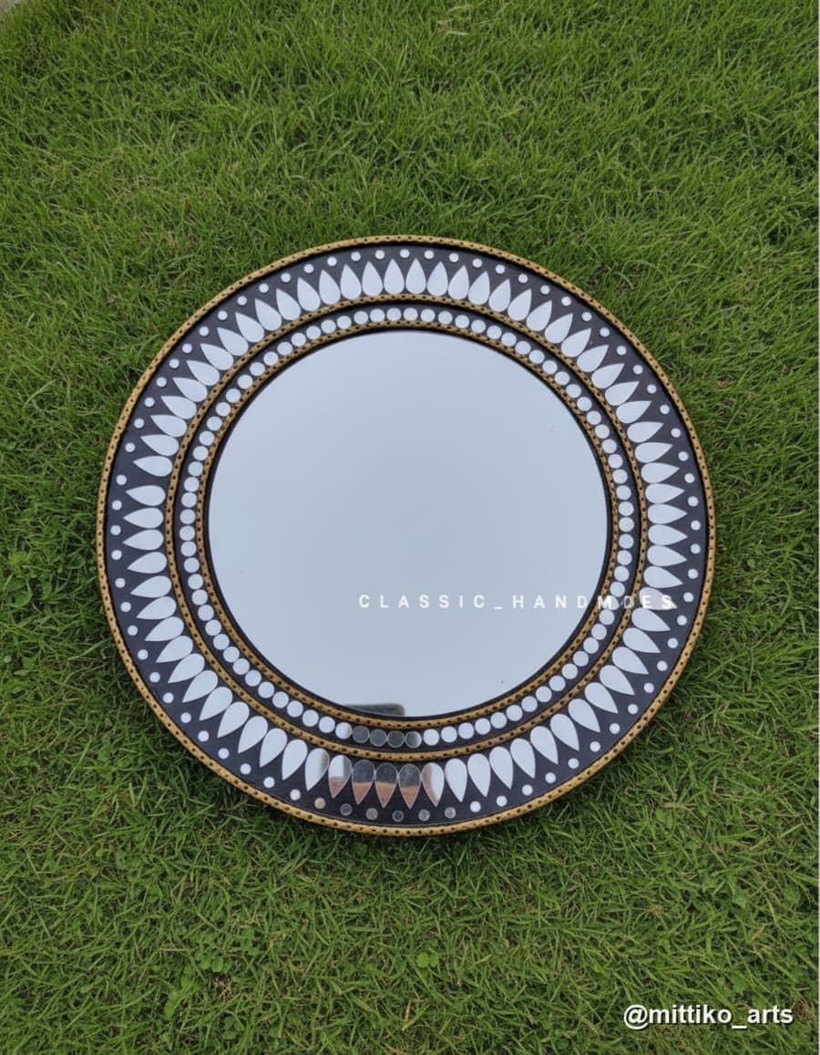 Mandala Wall Mirror with Petal Border – Black, Yellow & Green
